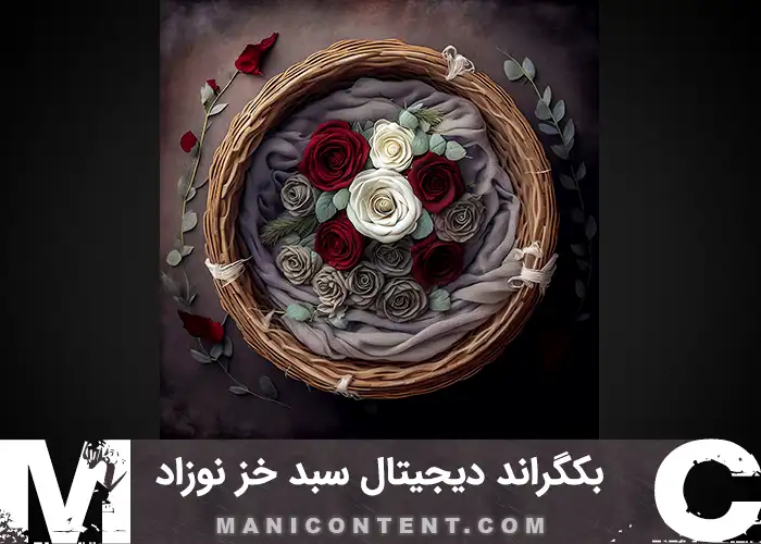 بک گراند سبد چوبی خز خاکستری گلدار قرمز دیجیتال آتلیه نوزاد