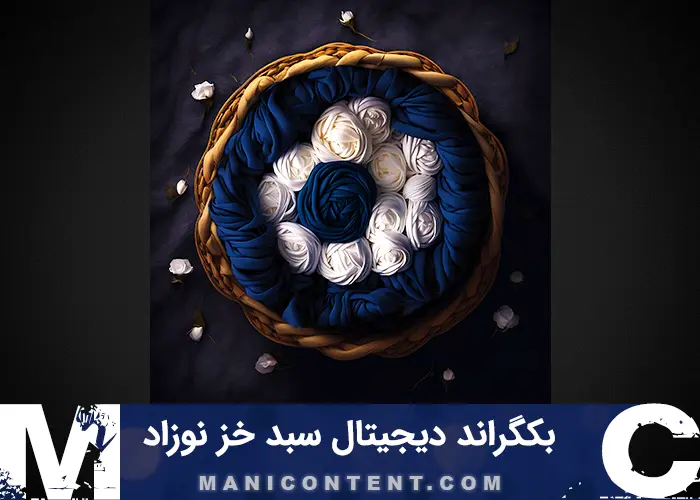 بک گراند دیجیتال آتلیه نوزاد سبد گرد چوب خز پارچه گلدار آبی سفید تزیینی